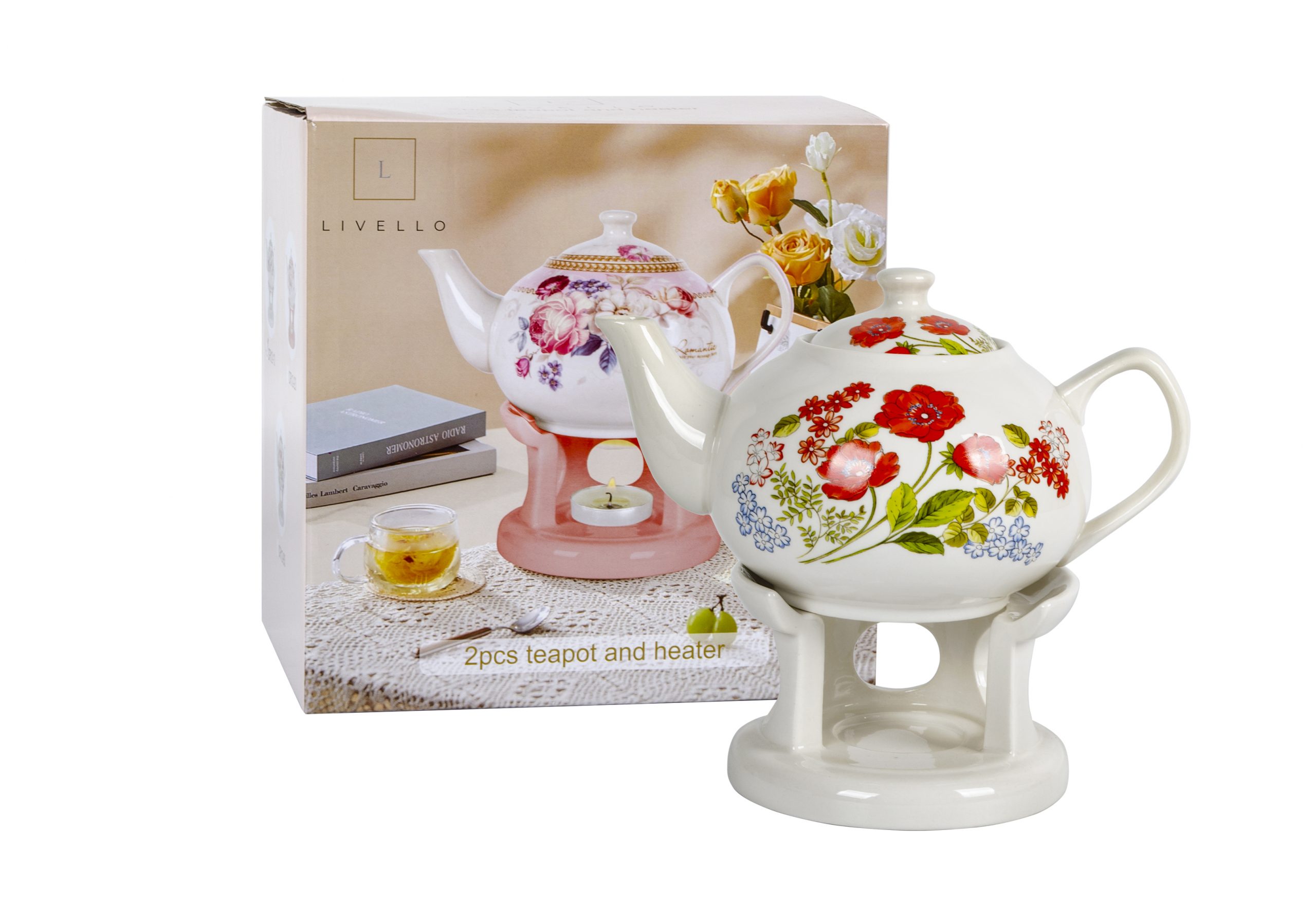 (New Bone China) CERAMIC TEA POT WITH HEATER Color Box